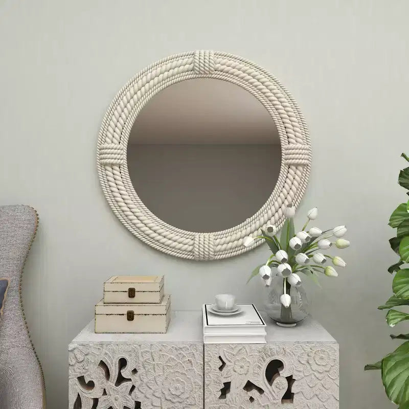 Miroir mural en bois côtier avec accents de corde enroulée Blanc - Olivia & May: Décor de plage nautique, aucun assemblage requis