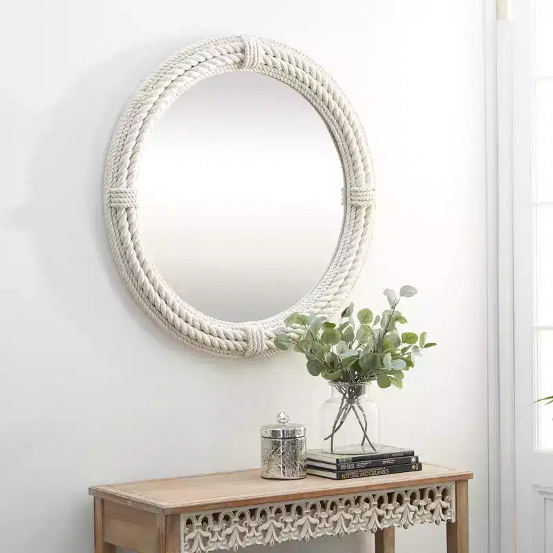 Miroir mural en bois côtier avec accents de corde enroulée Blanc - Olivia & May: Décor de plage nautique, aucun assemblage requis