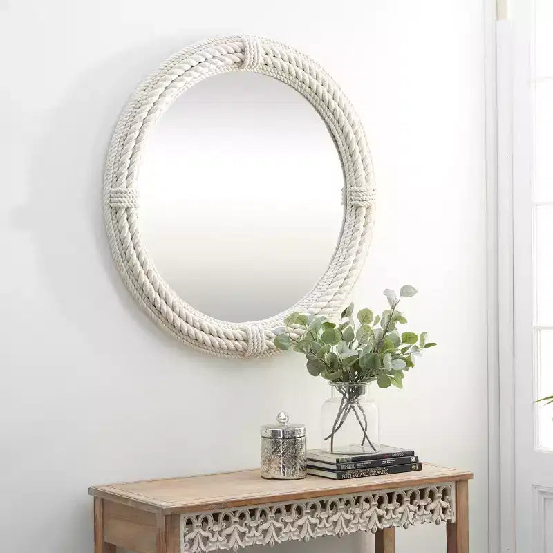 Miroir mural en bois côtier avec accents de corde enroulée Blanc - Olivia & May: Décor de plage nautique, aucun assemblage requis