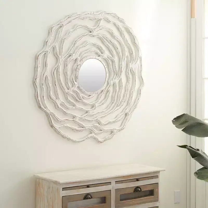 Miroir mural en bois sculpté floral avec design ajouré blanc