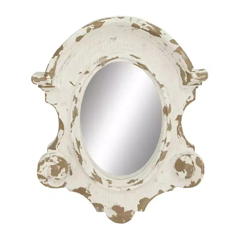 Miroir mural ovale sculpté Olivia & May en fibre de verre avec dessus cintré et finition vieillie blanche : cadre en résine, aucun assemblage requis