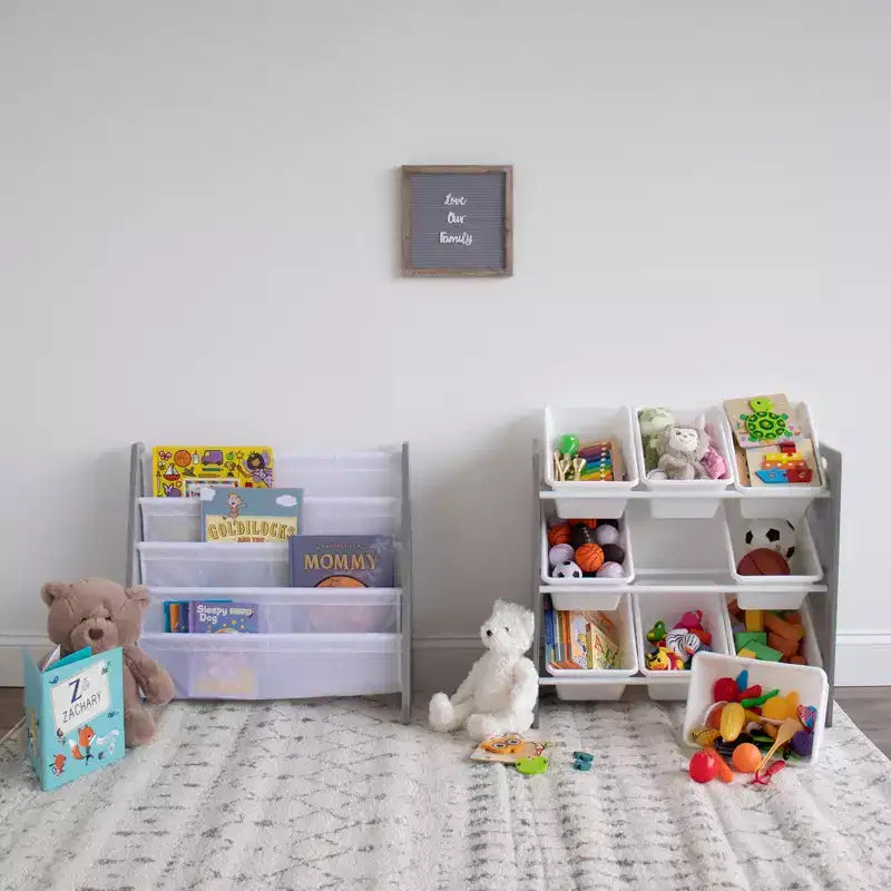 Étagère à Livres 4 Niveaux Grise pour Enfants – Humble Crew : Petite Bibliothèque pour Enfants, MDF, Anti-bascule, Étagères Ouvertes