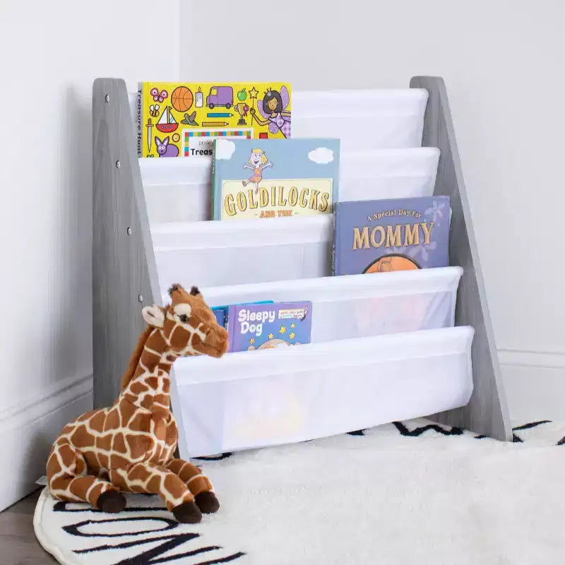 Étagère à Livres 4 Niveaux Grise pour Enfants – Humble Crew : Petite Bibliothèque pour Enfants, MDF, Anti-bascule, Étagères Ouvertes