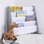 Étagère à Livres 4 Niveaux Grise pour Enfants – Humble Crew : Petite Bibliothèque pour Enfants, MDF, Anti-bascule, Étagères Ouvertes
