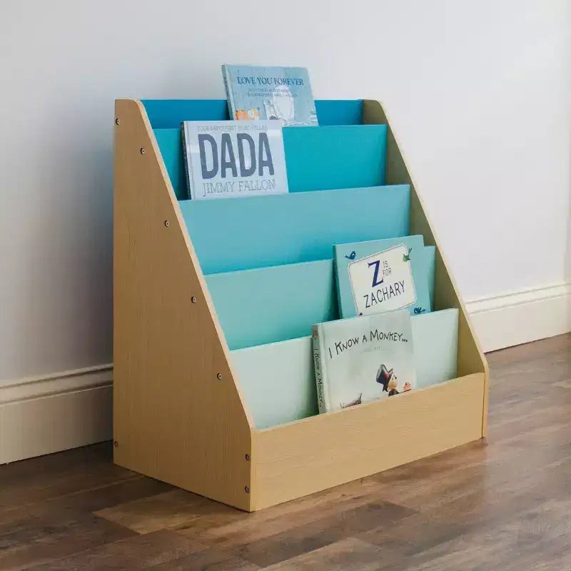 Étagère à livres pour enfants Humble Crew en bois naturel/bleu : cadre en MDF à 4 niveaux, 61 cm H x 61 cm l x 33 cm P, à partir de 2 ans