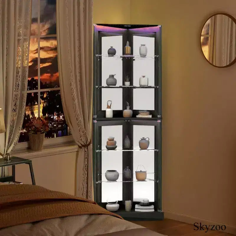 Vitrine d'angle avec lumières LED RVB, vitrine à 6 niveaux avec portes vitrées pour objets de collection, maison, bureau,