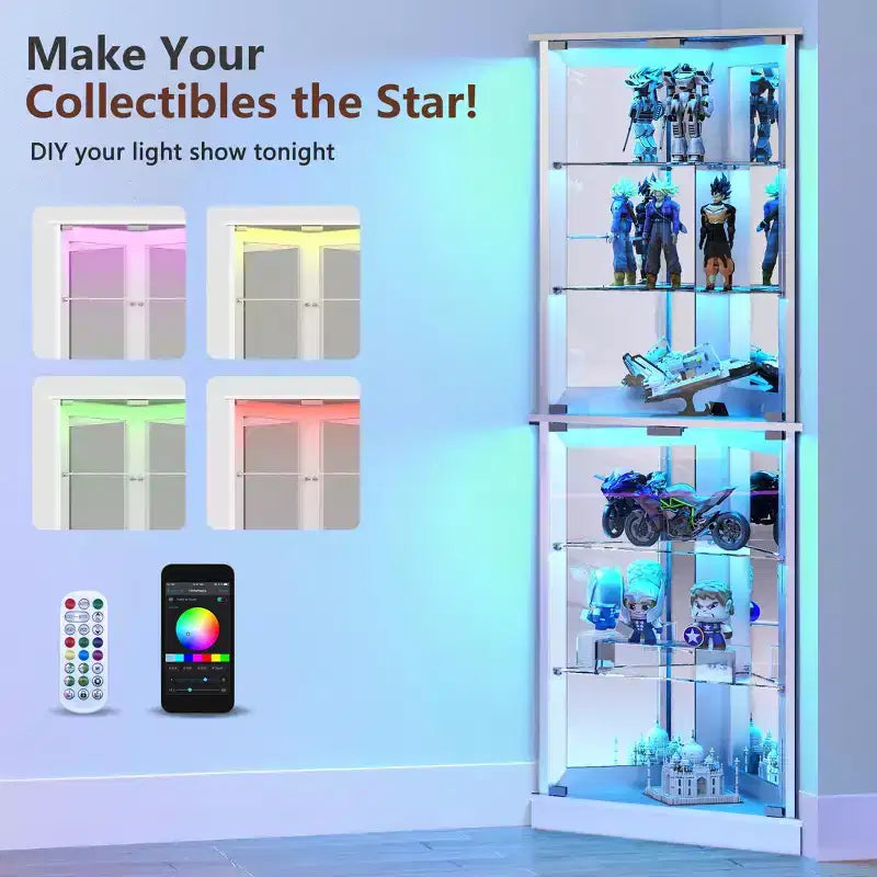 Vitrine d'angle avec lumières LED RVB, vitrine à 6 niveaux avec portes vitrées pour objets de collection, maison, bureau,