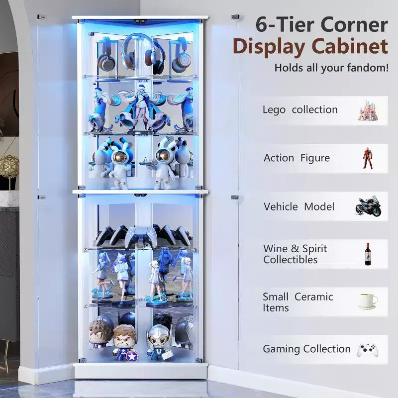 Vitrine d'angle avec lumières LED RVB, vitrine à 6 niveaux avec portes vitrées pour objets de collection, maison, bureau,