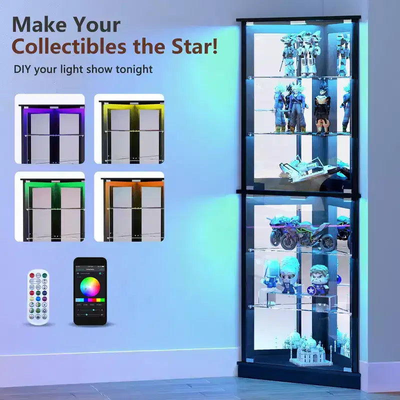 Vitrine d'angle avec lumières LED RVB, vitrine à 6 niveaux avec portes vitrées pour objets de collection, maison, bureau,