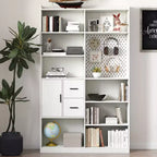 ModernLuxe 9 Cubby Bookshelf with Pegboard & Drawer, Modern Wide Wood Bookcase, Display Shelving Unit for Living Room, White