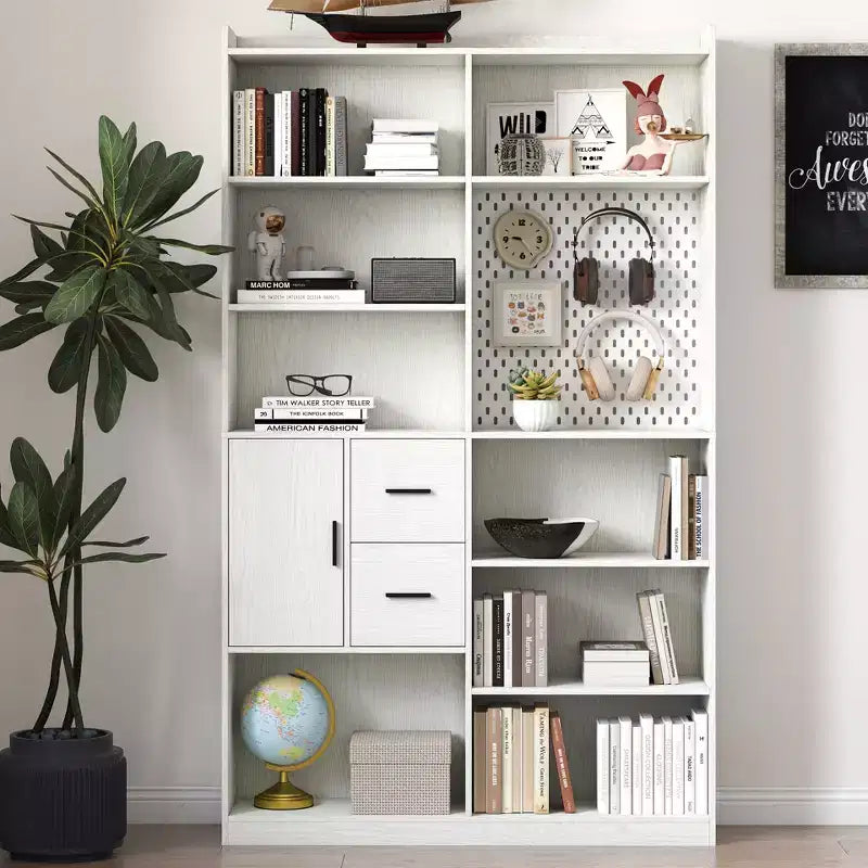 ModernLuxe 9 Cubby Bookshelf with Pegboard & Drawer, Modern Wide Wood Bookcase, Display Shelving Unit for Living Room, White