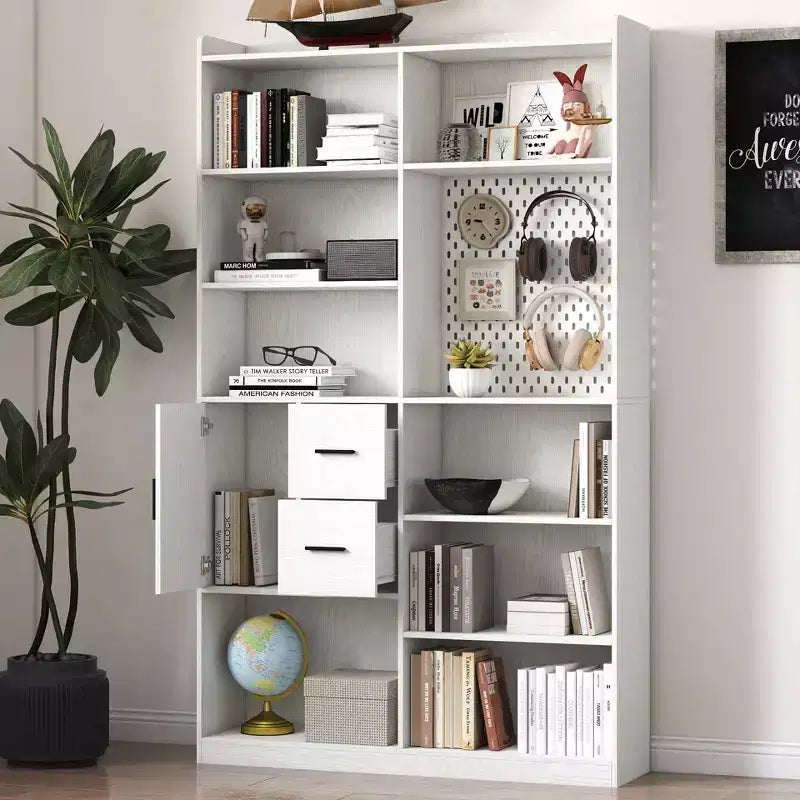 Bibliothèque de 200 cm de haut avec 9 casiers, panneau perforé et 3 tiroirs, grande étagère en bois, blanc