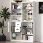 Bibliothèque de 200 cm de haut avec 9 casiers, panneau perforé et 3 tiroirs, grande étagère en bois, blanc