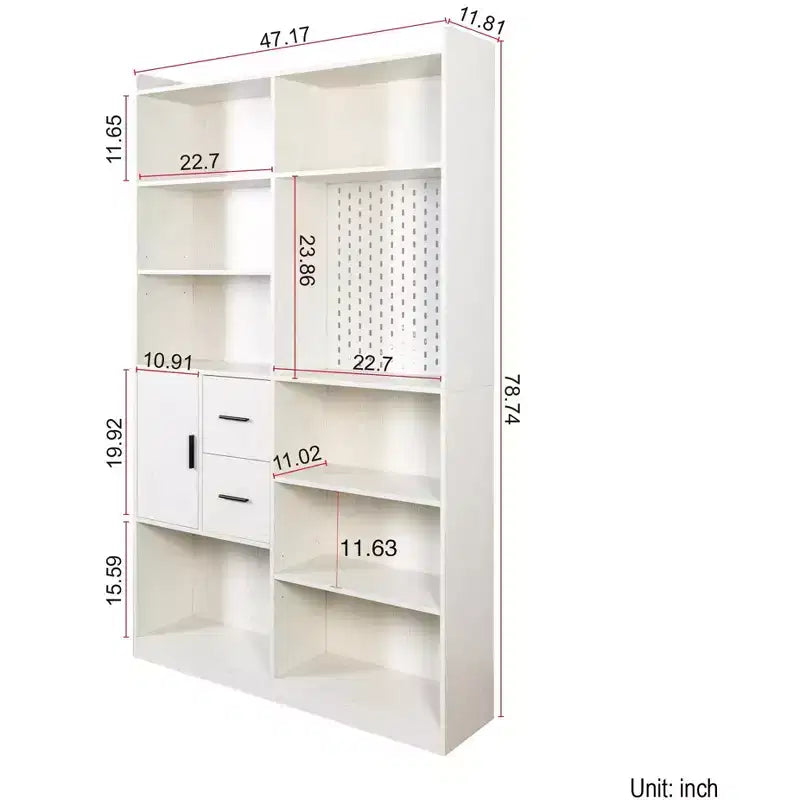 Bibliothèque de 200 cm de haut avec 9 casiers, panneau perforé et 3 tiroirs, grande étagère en bois, blanc