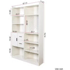 Bibliothèque de 200 cm de haut avec 9 casiers, panneau perforé et 3 tiroirs, grande étagère en bois, blanc
