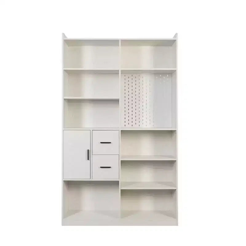 Bibliothèque de 200 cm de haut avec 9 casiers, panneau perforé et 3 tiroirs, grande étagère en bois, blanc