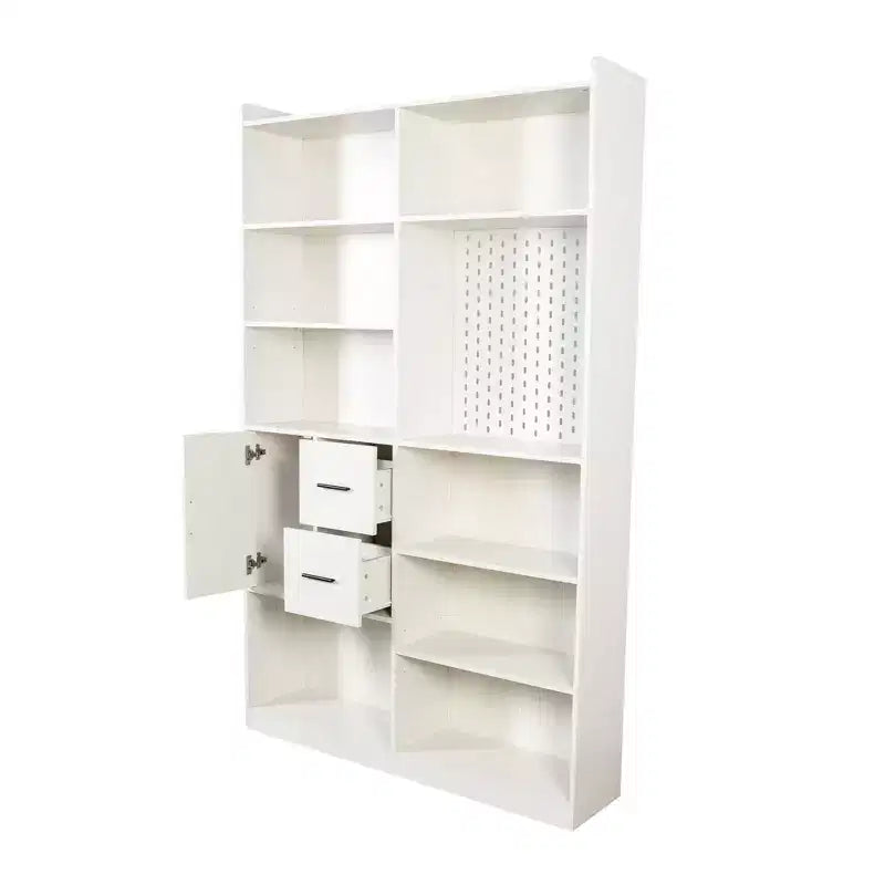 Bibliothèque de 200 cm de haut avec 9 casiers, panneau perforé et 3 tiroirs, grande étagère en bois, blanc