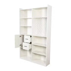 Bibliothèque de 200 cm de haut avec 9 casiers, panneau perforé et 3 tiroirs, grande étagère en bois, blanc