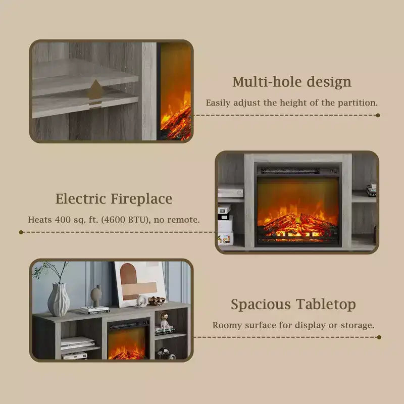 Meuble TV moderne pour téléviseurs jusqu'à 65 pouces avec cheminée électrique de 1400 W