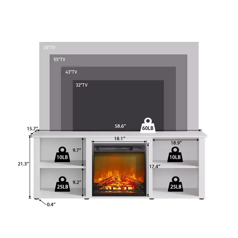 Meuble TV moderne pour téléviseurs jusqu'à 65 pouces avec cheminée électrique de 1400 W