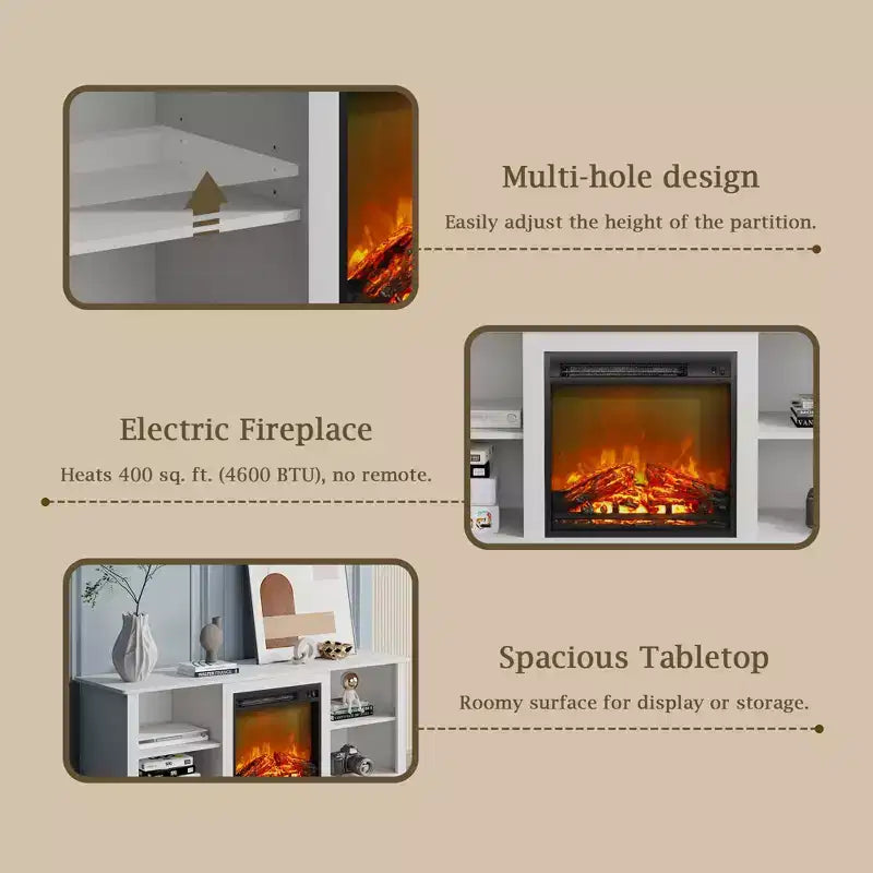 Meuble TV moderne pour téléviseurs jusqu'à 65 pouces avec cheminée électrique de 1400 W