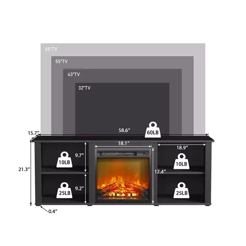 Meuble TV moderne pour téléviseurs jusqu'à 65 pouces avec cheminée électrique de 1400 W