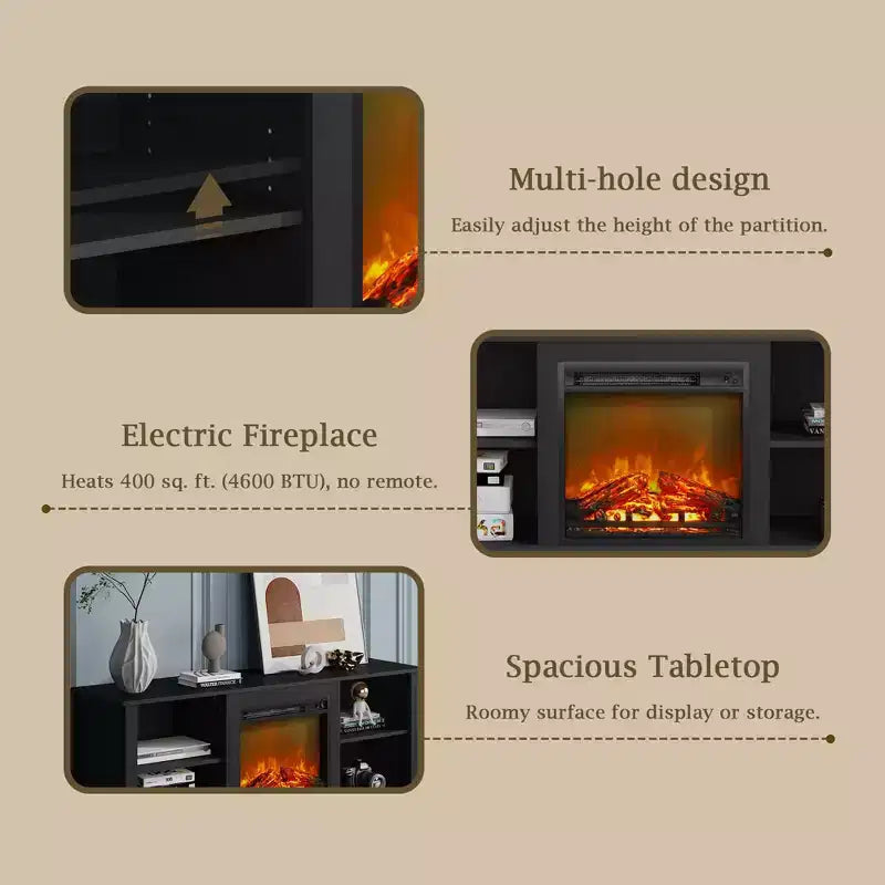 Meuble TV moderne pour téléviseurs jusqu'à 65 pouces avec cheminée électrique de 1400 W