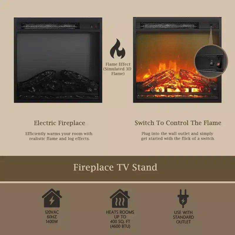 Meuble TV moderne pour téléviseurs jusqu'à 65 pouces avec cheminée électrique de 1400 W