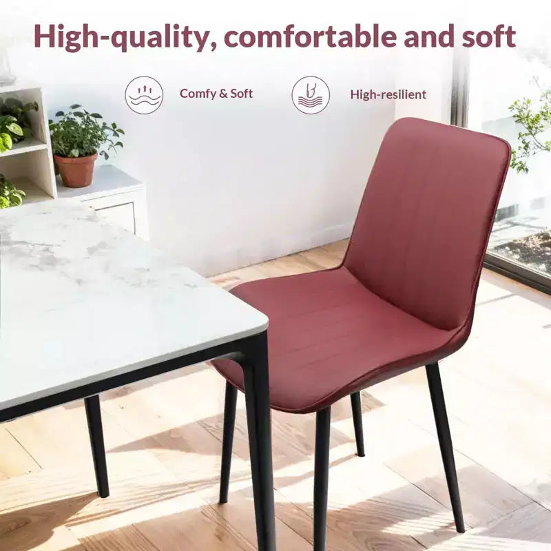 Chaise de salle à manger en cuir PU rouge avec pieds en métal, fauteuils sans accoudoirs rembourrés à motif de vagues