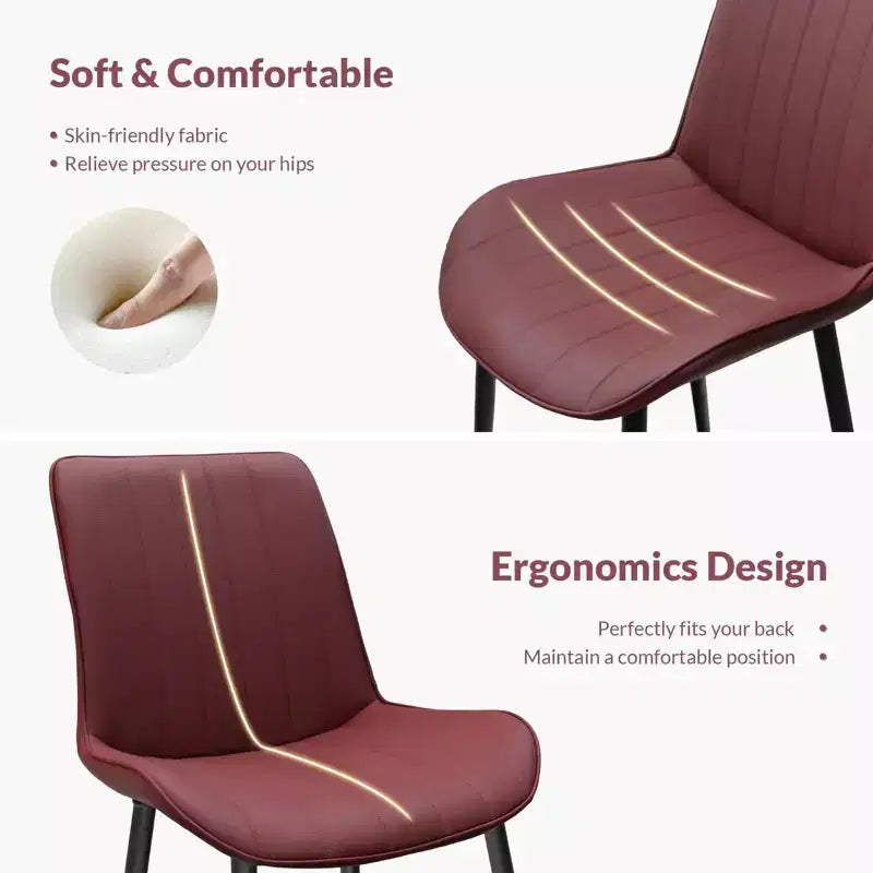 Chaise de salle à manger en cuir PU rouge avec pieds en métal, fauteuils sans accoudoirs rembourrés à motif de vagues