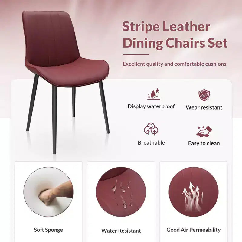 Chaise de salle à manger en cuir PU rouge avec pieds en métal, fauteuils sans accoudoirs rembourrés à motif de vagues
