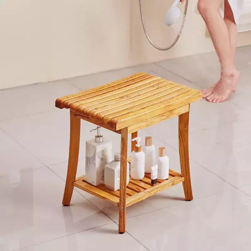 Banc de douche en teck, 50,8 x 36,3 x 45,5 cm, Tabouret de douche en bois étanche avec étagère de rangement, Capacité de charge maximale de 181 kg, Teck naturel