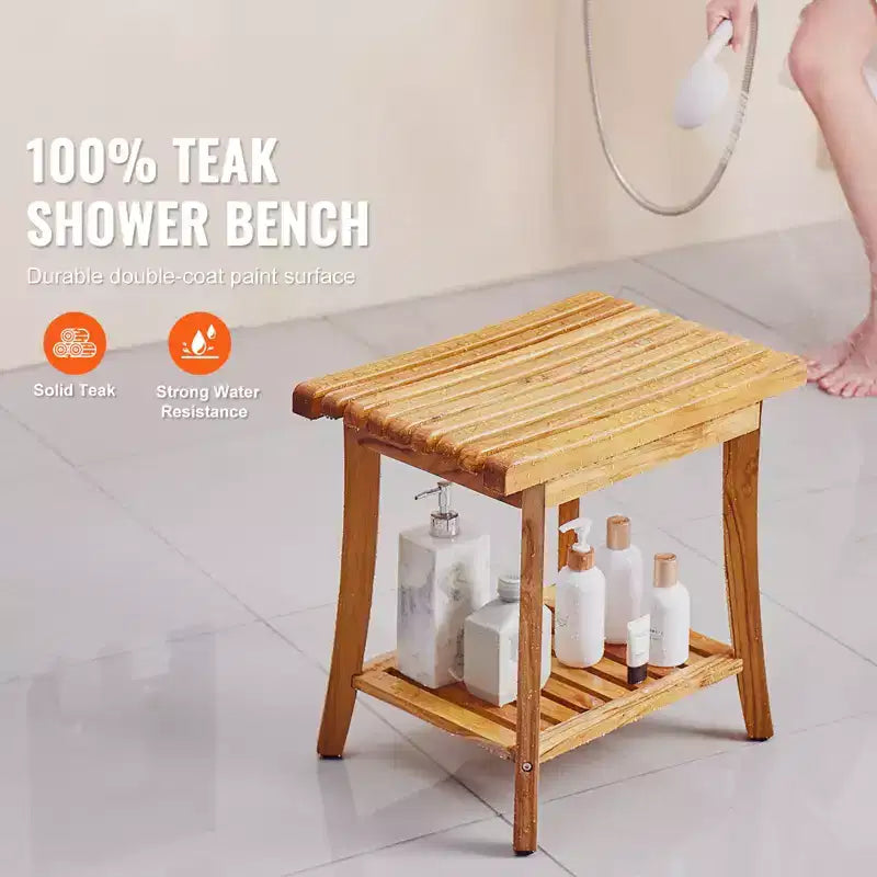 Banc de douche en teck, 50,8 x 36,3 x 45,5 cm, Tabouret de douche en bois étanche avec étagère de rangement, Capacité de charge maximale de 181 kg, Teck naturel
