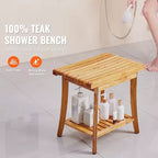Banc de douche en teck, 50,8 x 36,3 x 45,5 cm, Tabouret de douche en bois étanche avec étagère de rangement, Capacité de charge maximale de 181 kg, Teck naturel