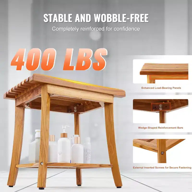 Banc de douche en teck, 50,8 x 36,3 x 45,5 cm, Tabouret de douche en bois étanche avec étagère de rangement, Capacité de charge maximale de 181 kg, Teck naturel