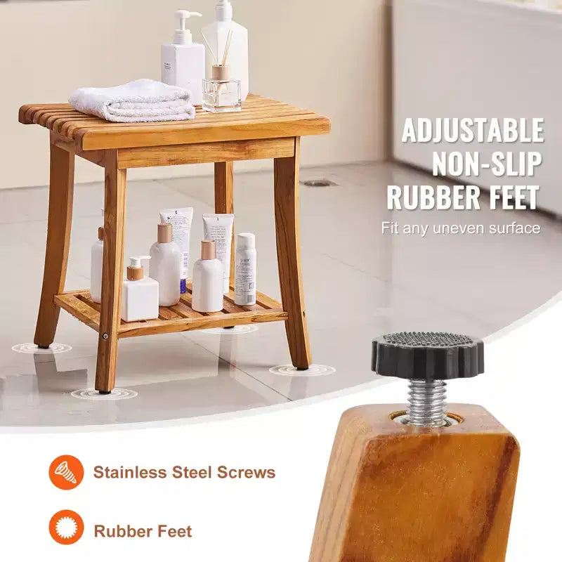 Banc de douche en teck, 50,8 x 36,3 x 45,5 cm, Tabouret de douche en bois étanche avec étagère de rangement, Capacité de charge maximale de 181 kg, Teck naturel
