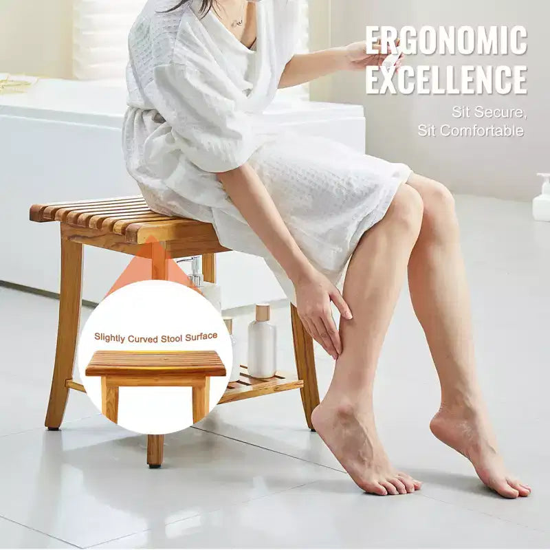 Banc de douche en teck, 50,8 x 36,3 x 45,5 cm, Tabouret de douche en bois étanche avec étagère de rangement, Capacité de charge maximale de 181 kg, Teck naturel