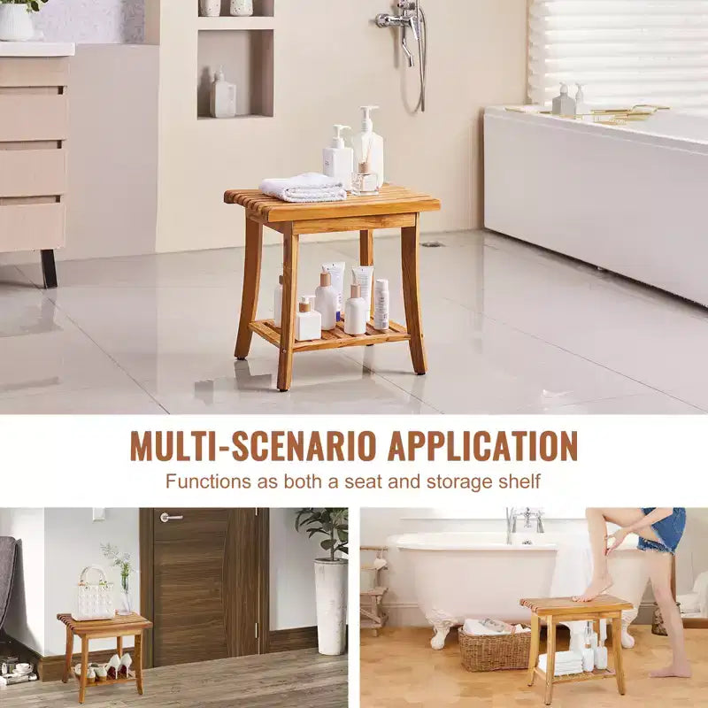 Banc de douche en teck, 50,8 x 36,3 x 45,5 cm, Tabouret de douche en bois étanche avec étagère de rangement, Capacité de charge maximale de 181 kg, Teck naturel