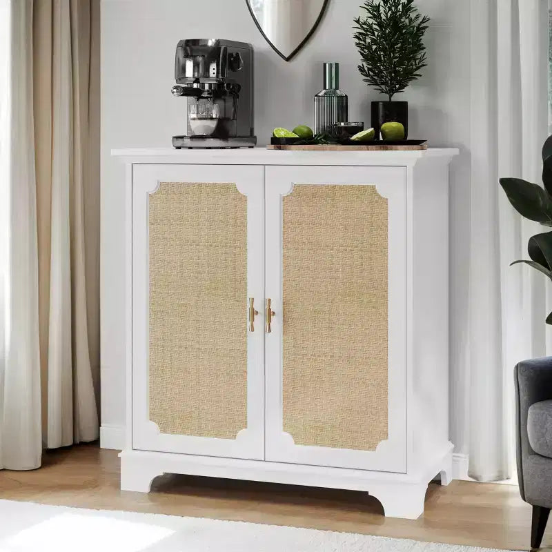 Bahut/buffet vintage en rotin avec 4 portes et étagère réglable, table console de style bohème