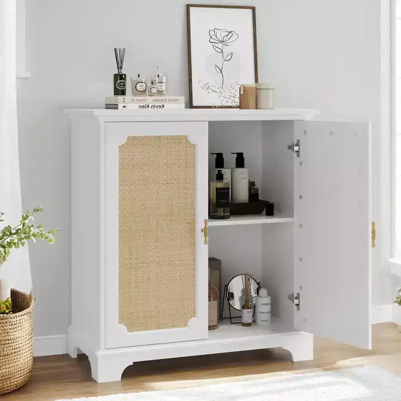 Bahut/buffet vintage en rotin avec 4 portes et étagère réglable, table console de style bohème