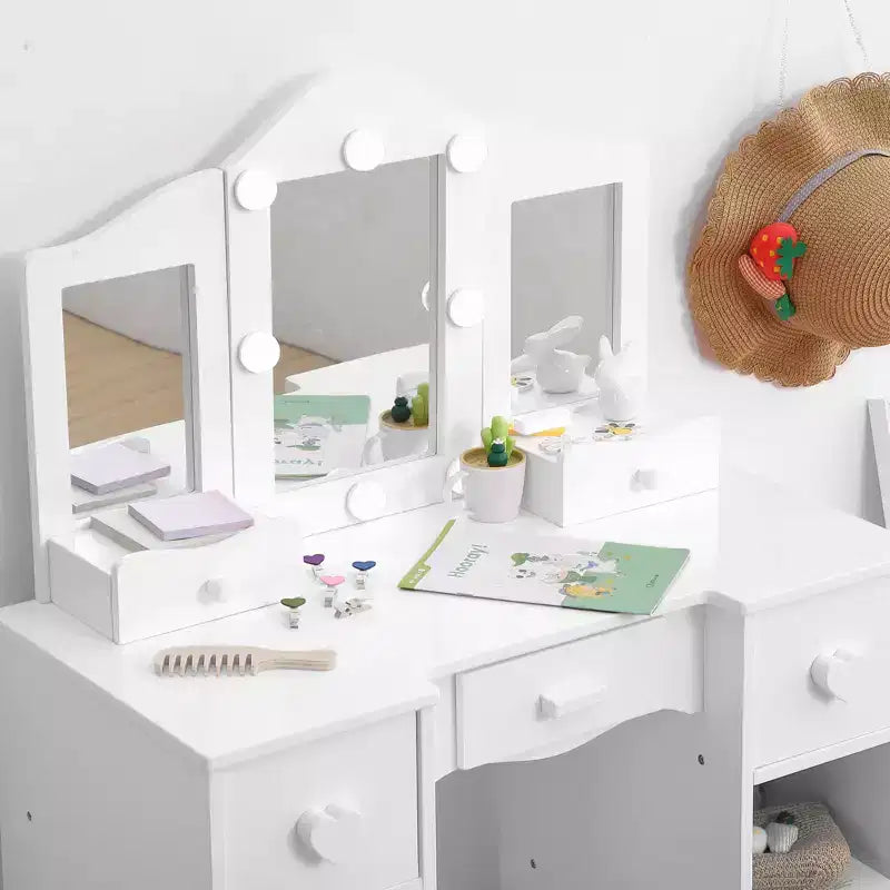 Coiffeuses pour enfants avec lumières, table de maquillage pour enfants, 3 miroirs et tiroir, coiffeuse princesse en bois, coiffeuse pour tout-petits