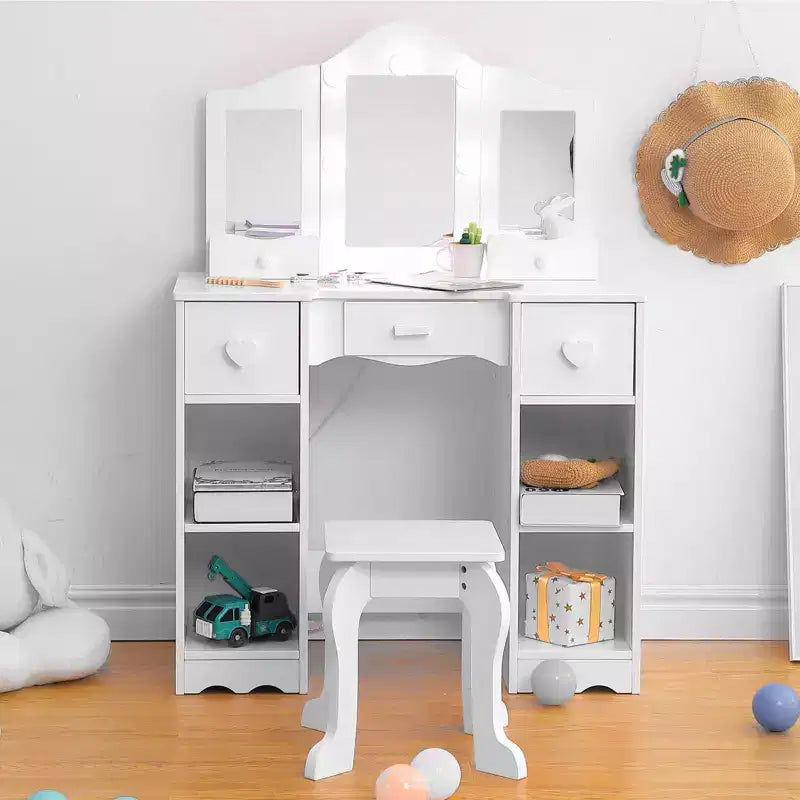 Coiffeuses pour enfants avec lumières, table de maquillage pour enfants, 3 miroirs et tiroir, coiffeuse princesse en bois, coiffeuse pour tout-petits