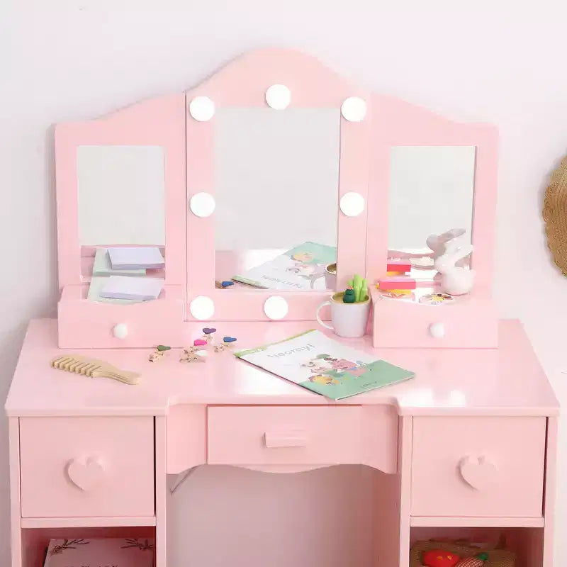 Coiffeuses pour enfants avec lumières, table de maquillage pour enfants, 3 miroirs et tiroir, coiffeuse princesse en bois, coiffeuse pour tout-petits