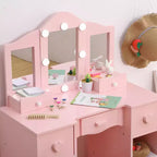 Coiffeuses pour enfants avec lumières, table de maquillage pour enfants, 3 miroirs et tiroir, coiffeuse princesse en bois, coiffeuse pour tout-petits