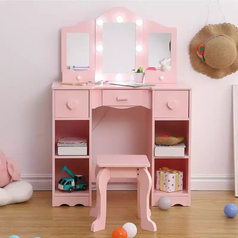 Coiffeuses pour enfants avec lumières, table de maquillage pour enfants, 3 miroirs et tiroir, coiffeuse princesse en bois, coiffeuse pour tout-petits