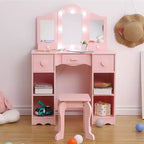 Coiffeuses pour enfants avec lumières, table de maquillage pour enfants, 3 miroirs et tiroir, coiffeuse princesse en bois, coiffeuse pour tout-petits