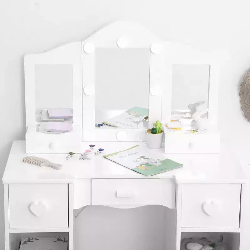 Coiffeuses pour enfants avec lumières, table de maquillage pour enfants, 3 miroirs et tiroir, coiffeuse princesse en bois, coiffeuse pour tout-petits