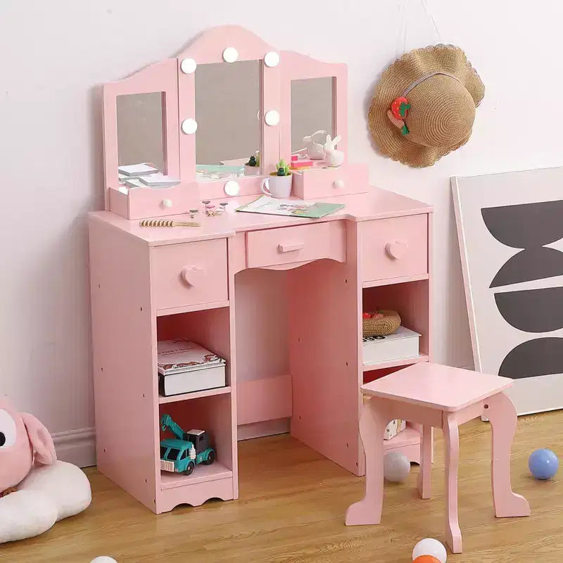 Kids' Vanities with Lights, Kids Makeup Dressing Table, 3 Mirrors and Drawer, Wooden Princess Makeup Desk Dressing Table, Toddler Vanity