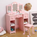 Kids' Vanities with Lights, Kids Makeup Dressing Table, 3 Mirrors and Drawer, Wooden Princess Makeup Desk Dressing Table, Toddler Vanity