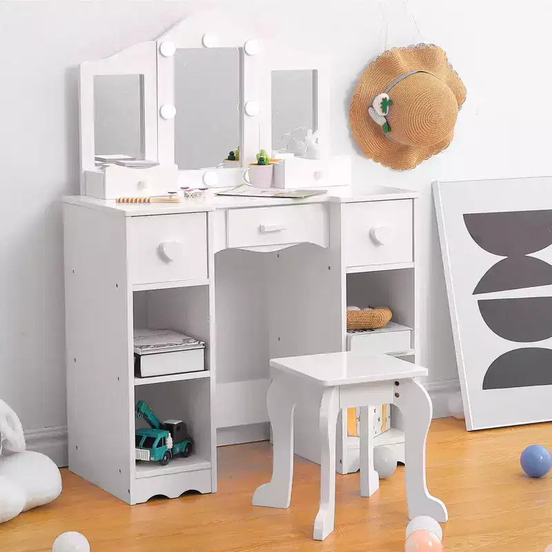 Coiffeuses pour enfants avec lumières, table de maquillage pour enfants, 3 miroirs et tiroir, coiffeuse princesse en bois, coiffeuse pour tout-petits